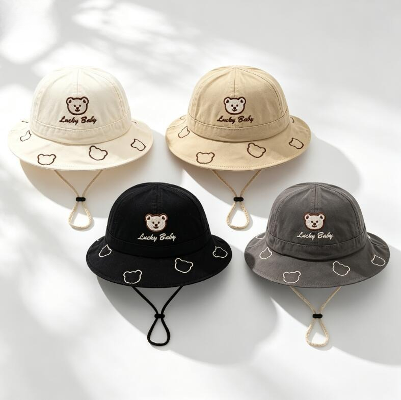 Kids Outdoor Hat - 2026 かわいい漫画クマの赤ちゃんバケットハット夏屋外赤ちゃん男の子女の子漁師帽子無地幼児幼児盆地キャップ