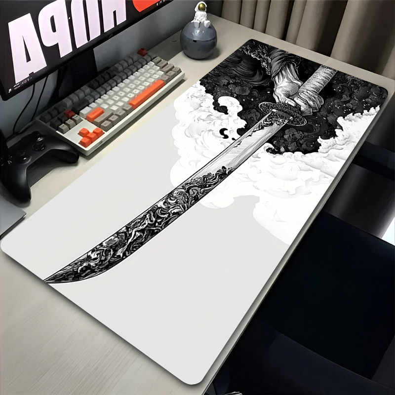 Bubble Sword Wand - サムライ白黒アニメマウスパッドゲーマーキーボード大型マウスパッドゲームアクセサリーデスクマット剣ノンスリップラップトップカーペット