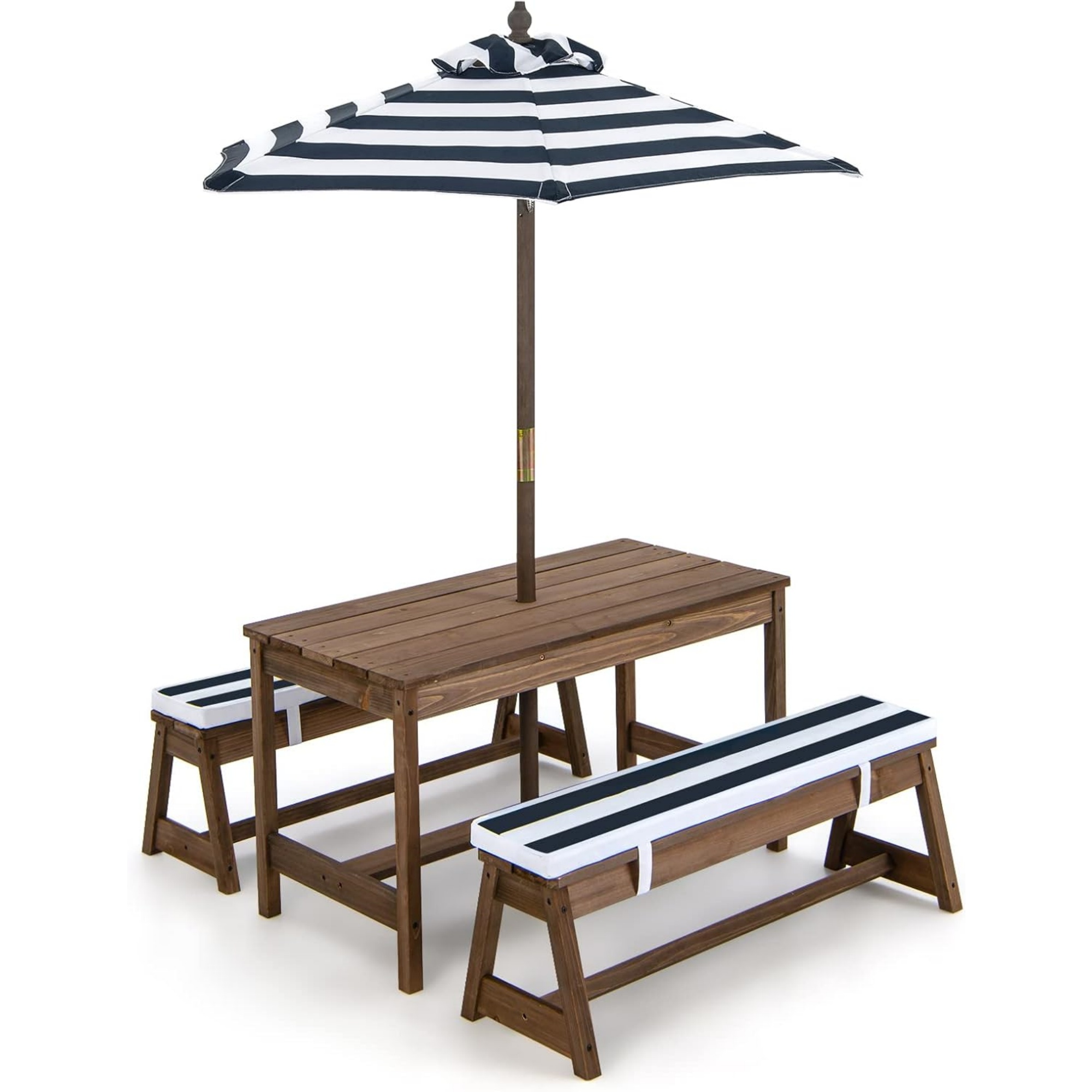 Kids Outdoor Picnic Table - 子供用ピクニックテーブル（傘付き、折りたたみ式）、裏庭用木製テーブル＆ベンチセット（取り外し可能なクッション付き）、アクティビティ・アート・プレイテーブル、屋内外兼用幼児用ピクニックテーブル（パティオ、芝生、庭用）（ブルー）
