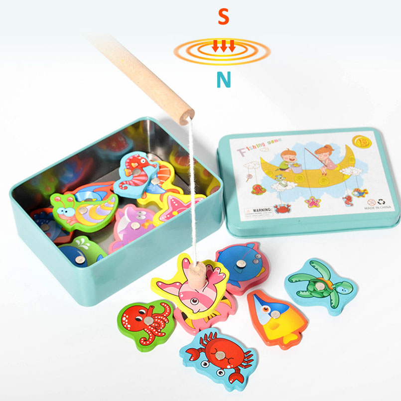 Kids Outdoor Water Table - 16 ピース/セットベビー木製磁気釣りゲームおもちゃセット鉄箱ノベルティ認知漫画 3D 木材おかしい海底魚のおもちゃギフト