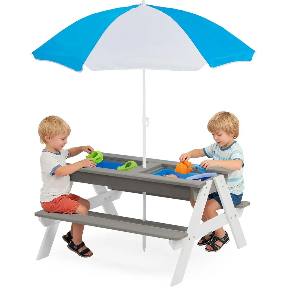 Kids Outdoor Picnic Table - 子供用3-in-1木製ピクニックテーブル、屋外砂場・水遊び用、4人掛け、傘付き