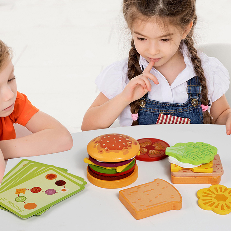 Kids Outdoor Kitchen Accessories - 新しい木製ハンバーガーサンドイッチ積み重ねおもちゃ 子供用 モンテッソーリ教育玩具 微細運動能力向上キッチンおもちゃ·