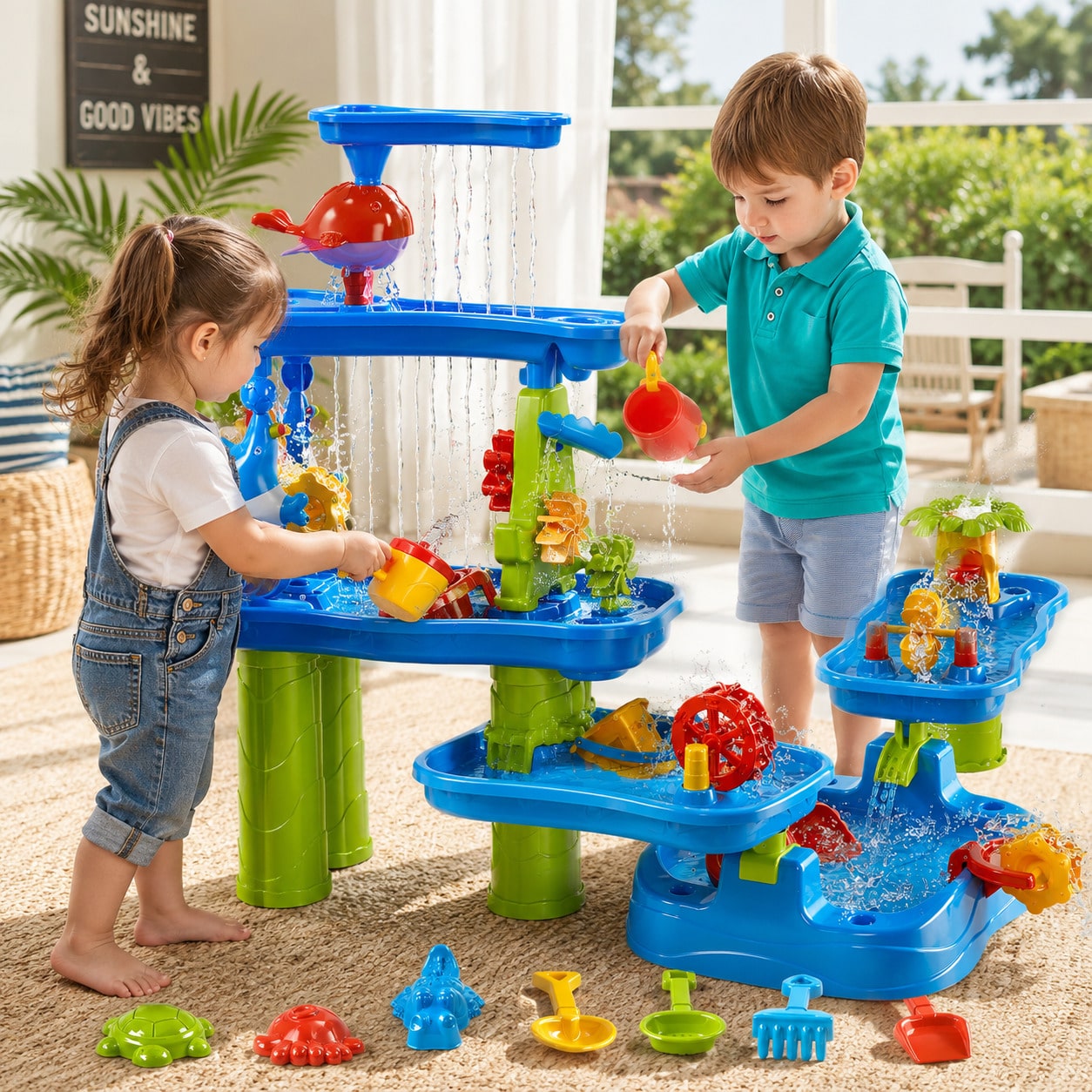 Kids Outdoor Sensory Table - 子供用5段ウォーターテーブル、砂浜おもちゃ付き子供用ウォーターテーブル、水と砂の感覚テーブル、ビーチアウトドア誕生日プレゼント、3歳の男の子と女の子向けおもちゃ