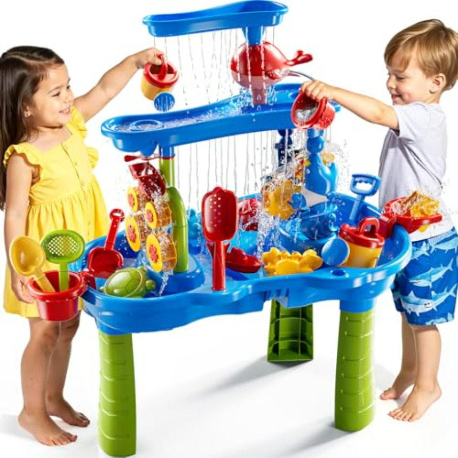 Kids Outdoor Sensory Table - 3～8歳のお子様向け屋外3段感覚遊びテーブル、滝のデザインが施された砂と水のアクティビティテーブル、ベージュのプラスチック製、付属品付き