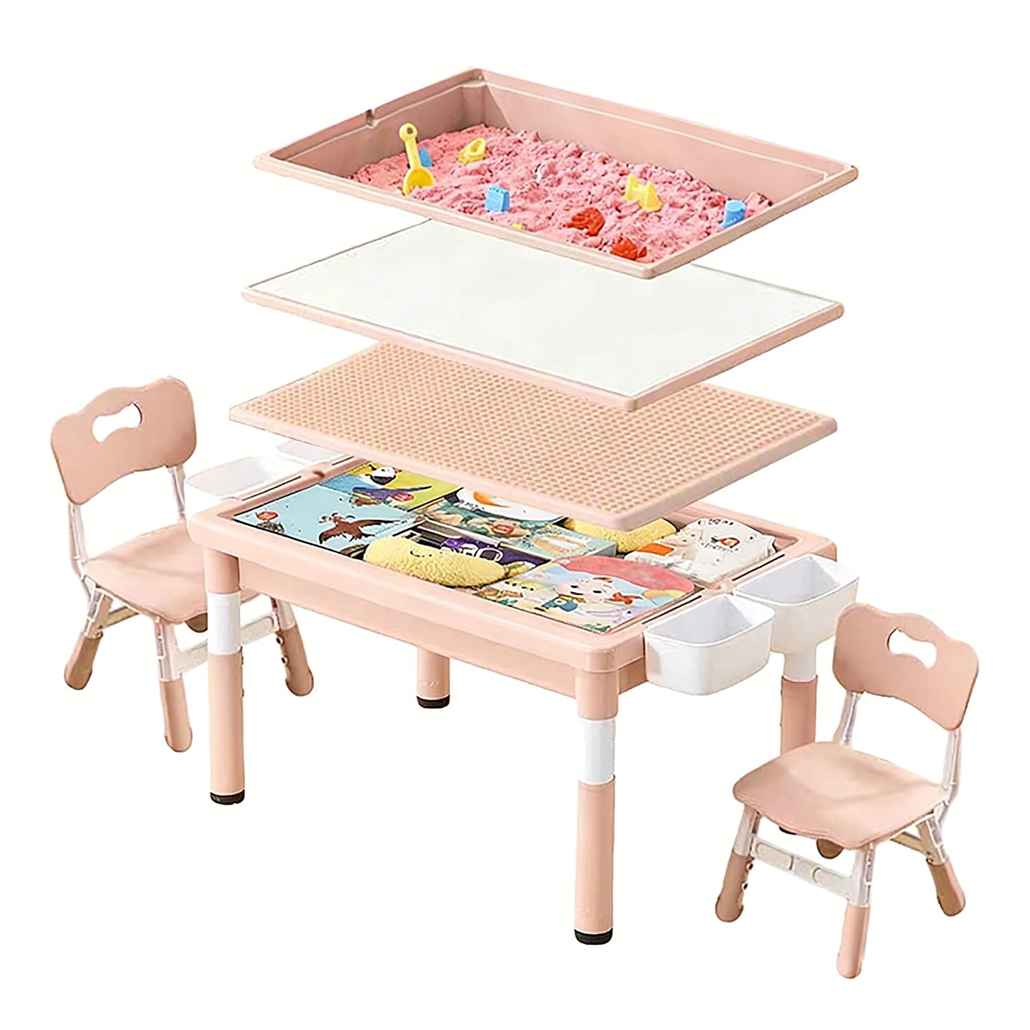 Kids Outdoor Sensory Table - 子供用アクティビティテーブル（収納付き）、屋内外用砂水感覚プレイテーブル、お絵かきブロックおもちゃ、白とピンク、カスタマイズ可能