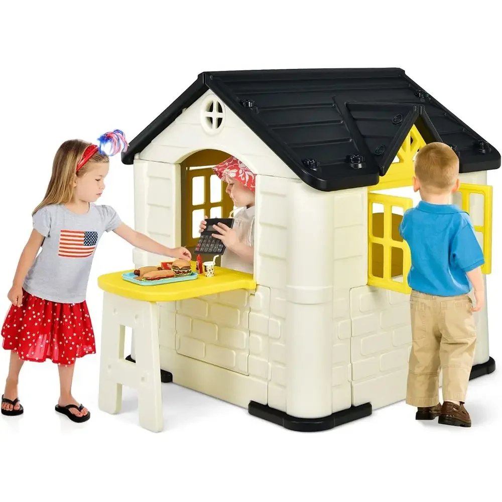 Kids Outdoor Picnic Table - プレイハウスまたはキッズ用、屋外ガーデンゲームコテージ（実用的なドアと窓付き）、ごっこ遊び用おもちゃの家（ピクニックテーブル付き）、7点のおもちゃセットとトレイ、W