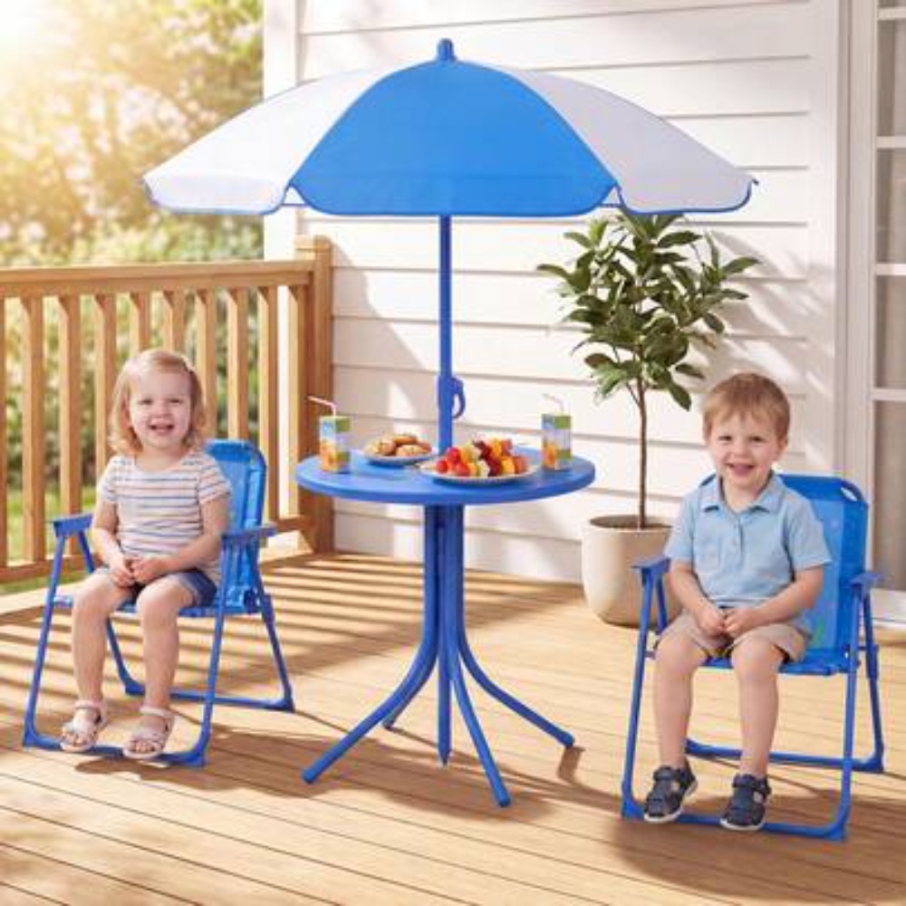 Kids Outdoor Picnic Table - 子供用ピクニックテーブルアウトドアセット、折りたたみ椅子2脚と調節可能な日傘付き、3歳から8歳までの幼児向け、頑丈なプラスチック製、持ち運び可能なパティオガーデン裏庭プレイハウス、フィッシャープライススタイルギフト