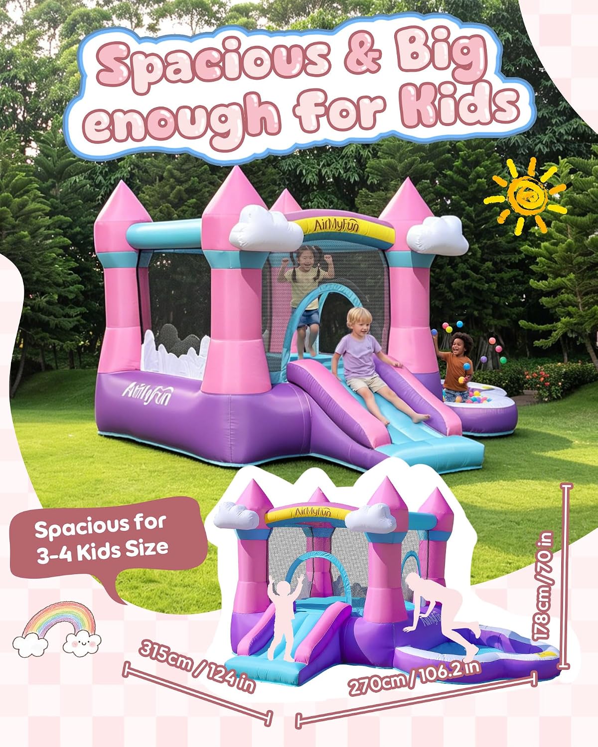 ピンクの屋内外兼用インフレータブルバウンスハウス（3～8歳向 - Kids Outdoor Water のレビューと価格