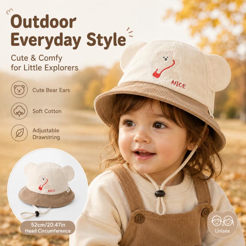 キッズベア耳付きバケットハット ソフトコットン カラーブロッ - Kids Outdoor Hat のレビューと価格