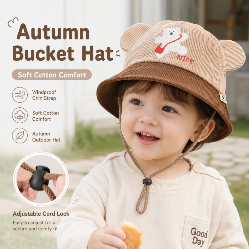 キッズベア耳付きバケットハット ソフトコットン カラーブロッ - Kids Outdoor Hat のレビューと価格