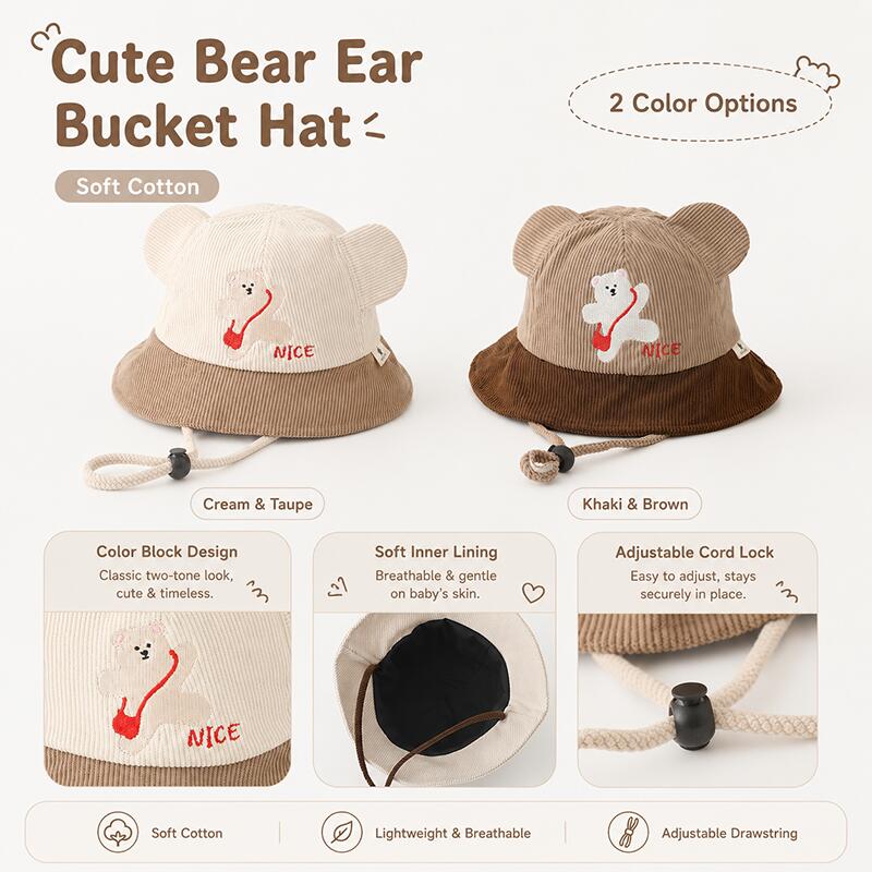 キッズベア耳付きバケットハット ソフトコットン カラーブロッ - Kids Outdoor Hat のレビューと価格