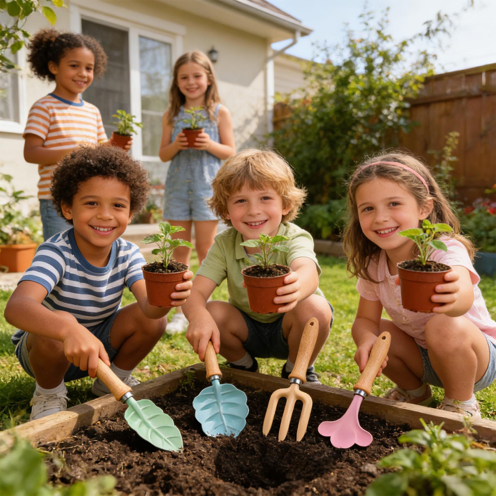 キッズガーデニングセット 4ピース 葉っぱ型 ポータブル掘削 - Kids Outdoor Garden Set のレビューと価格