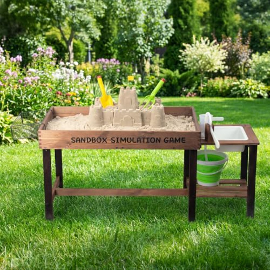 3歳から8歳向けの屋外木製砂場テーブル、天然木仕上げ、ベージ - Kids Outdoor Sensory Table のレビューと価格