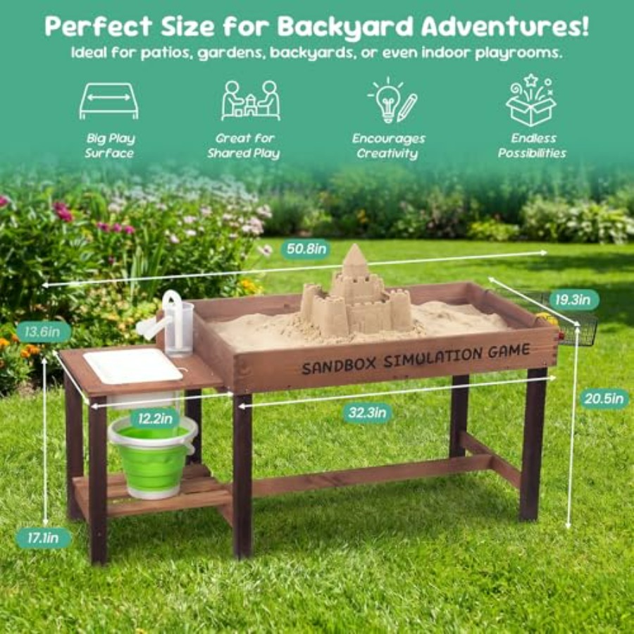 3歳から8歳向けの屋外木製砂場テーブル、天然木仕上げ、ベージ - Kids Outdoor Sensory Table のレビューと価格