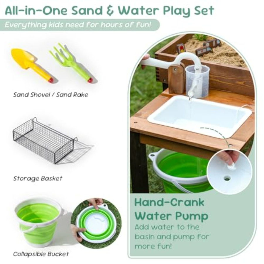 3歳から8歳向けの屋外木製砂場テーブル、天然木仕上げ、ベージ - Kids Outdoor Sensory Table のレビューと価格