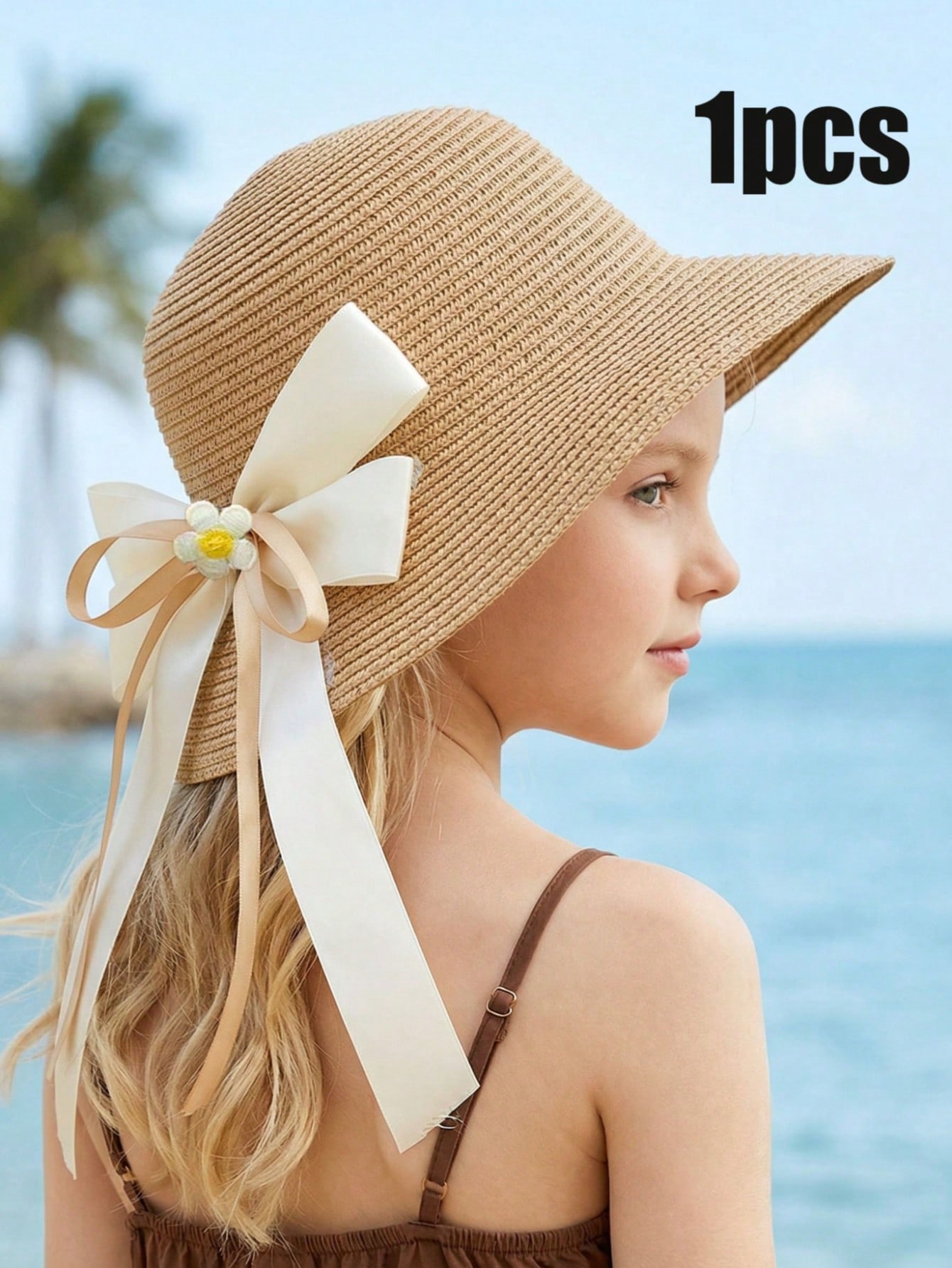 1Pc 3-8Y ガールズコーヒーボウストローハット織りサン - Kids Outdoor Hat のレビューと価格